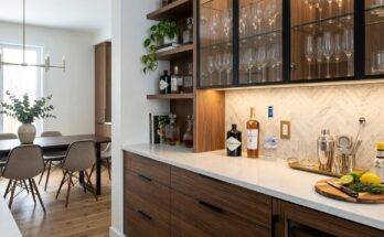 Modern built-in buffet and bar area with quartz countertop, glass cabinets, and displayed stemware.