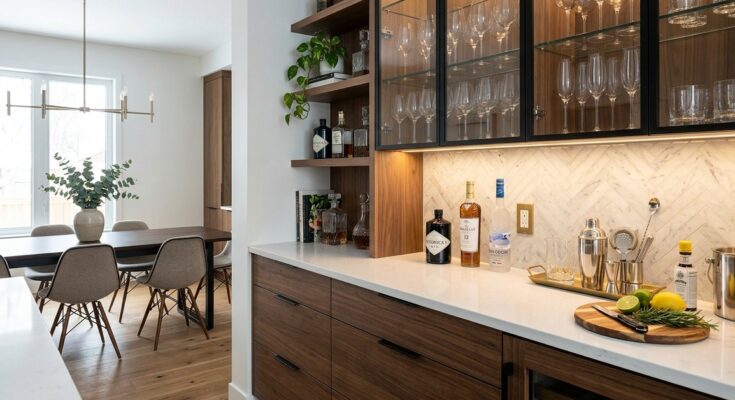 Modern built-in buffet and bar area with quartz countertop, glass cabinets, and displayed stemware.