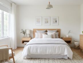 Modern Scandinavian bedroom with light wood, clean lines, neutral colors, and natural light.