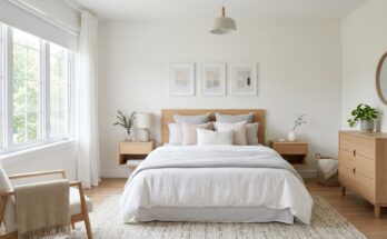 Modern Scandinavian bedroom with light wood, clean lines, neutral colors, and natural light.