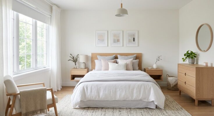 Modern Scandinavian bedroom with light wood, clean lines, neutral colors, and natural light.