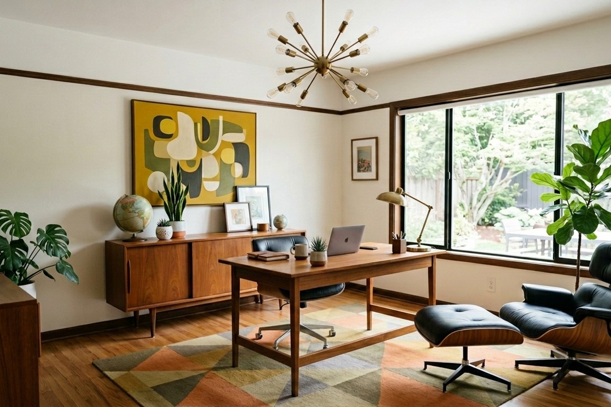 Mid-century modern home office with teak desk, Eames chair, abstract art, and Sputnik chandelier