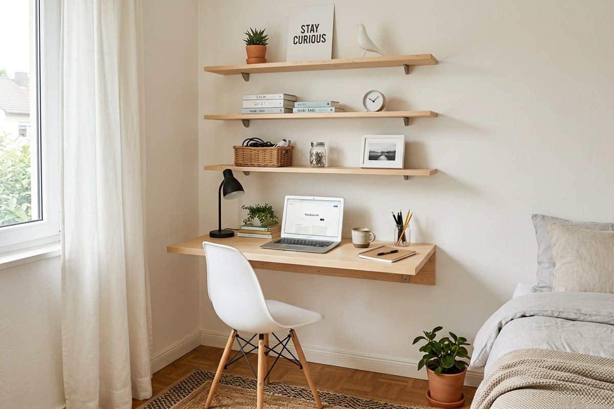 Floating shelves and wall-mounted birch desk combo for small bedroom organization