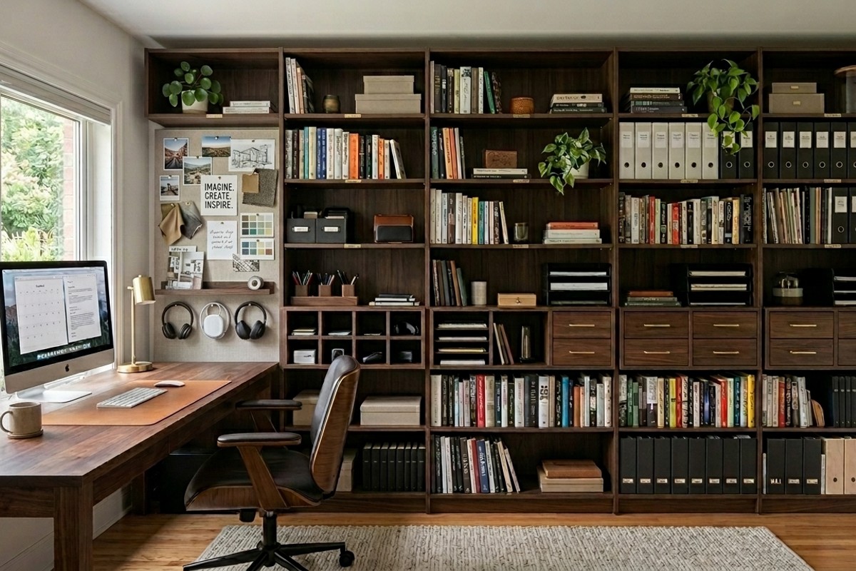 Home office with dark espresso vertical shelving, pegboard, and wall organizers for maximum storage.