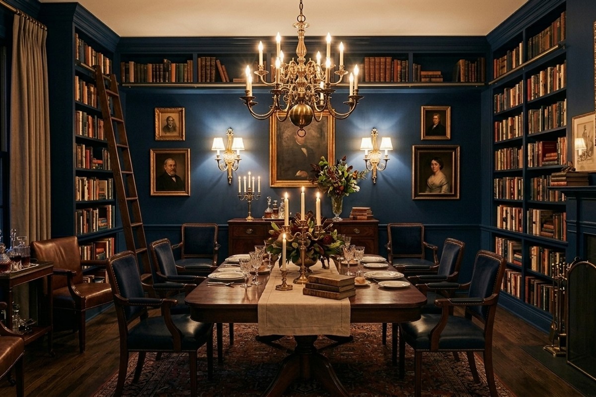 Classic library dining room with dark walls, brass chandelier, and elegant sconces.