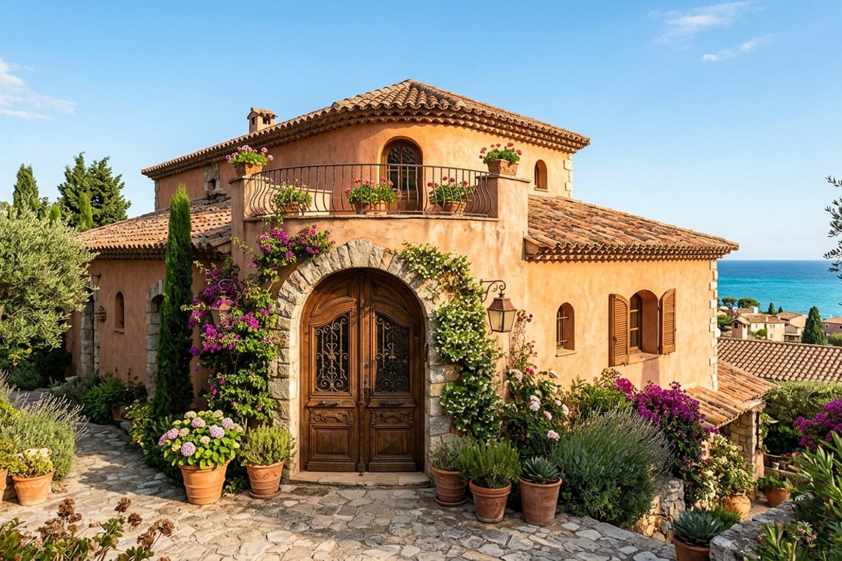 Mediterranean villa facade with warm terracotta stucco walls, red tile roof, arched doorway, and wrought iron details in a sunny landscape.