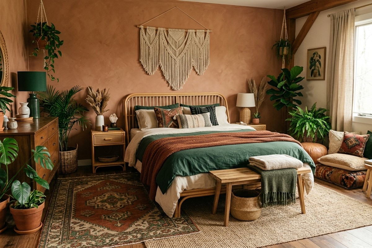 Earthy boho serene bedroom with terracotta walls, rattan furniture, macrame, and lush indoor plants.