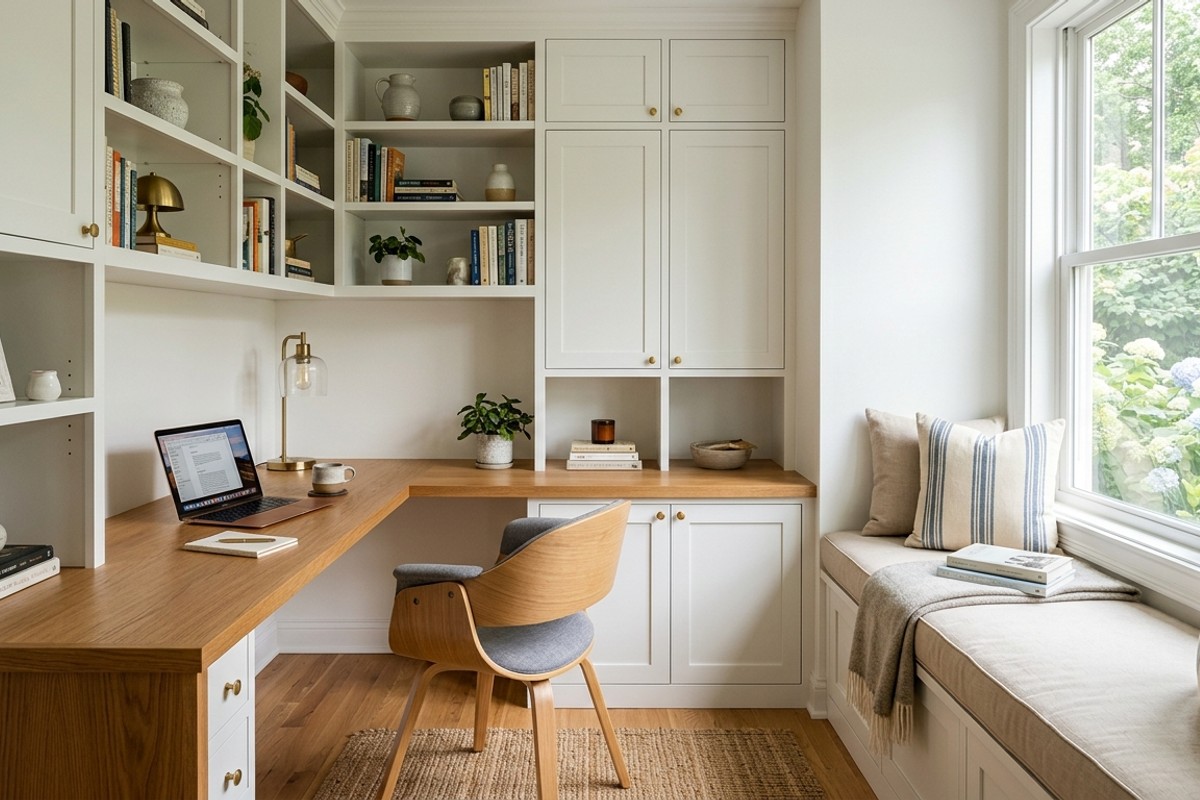 Corner office nook with L-shaped desk, 'Cloud White' built-ins, and a padded window seat.