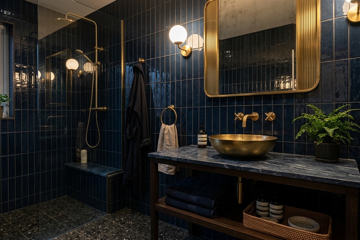 Deep dive drama bathroom design with dark navy high-gloss subway tiles and brushed brass fixtures.