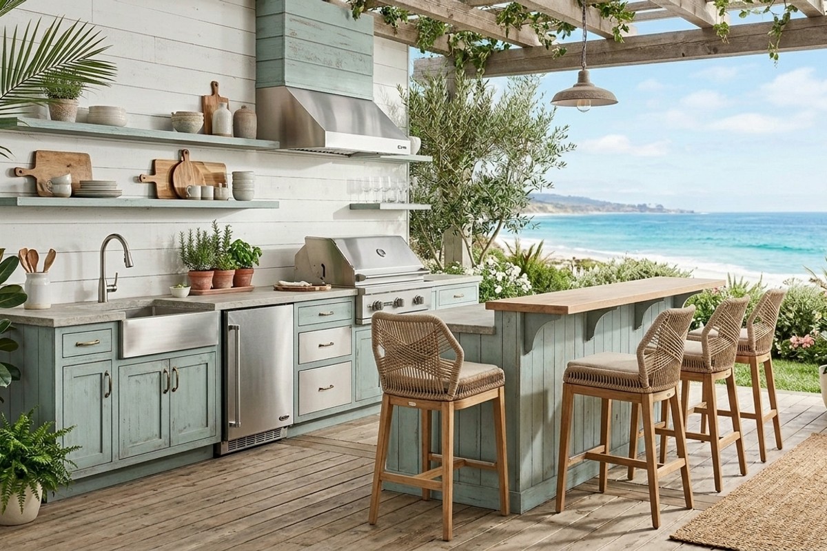 Coastal chic outdoor kitchen with blue-green weathered cabinets, stainless steel appliances, and a bar with wicker seating.