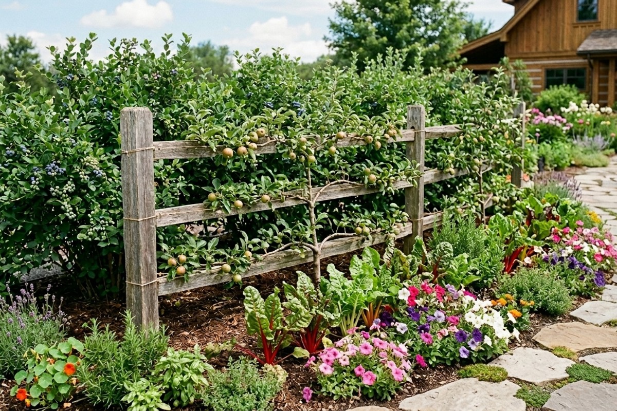 Edible landscape with espaliered apple trees, blueberry bushes, vibrant chard, and colorful petunias in a garden setting.