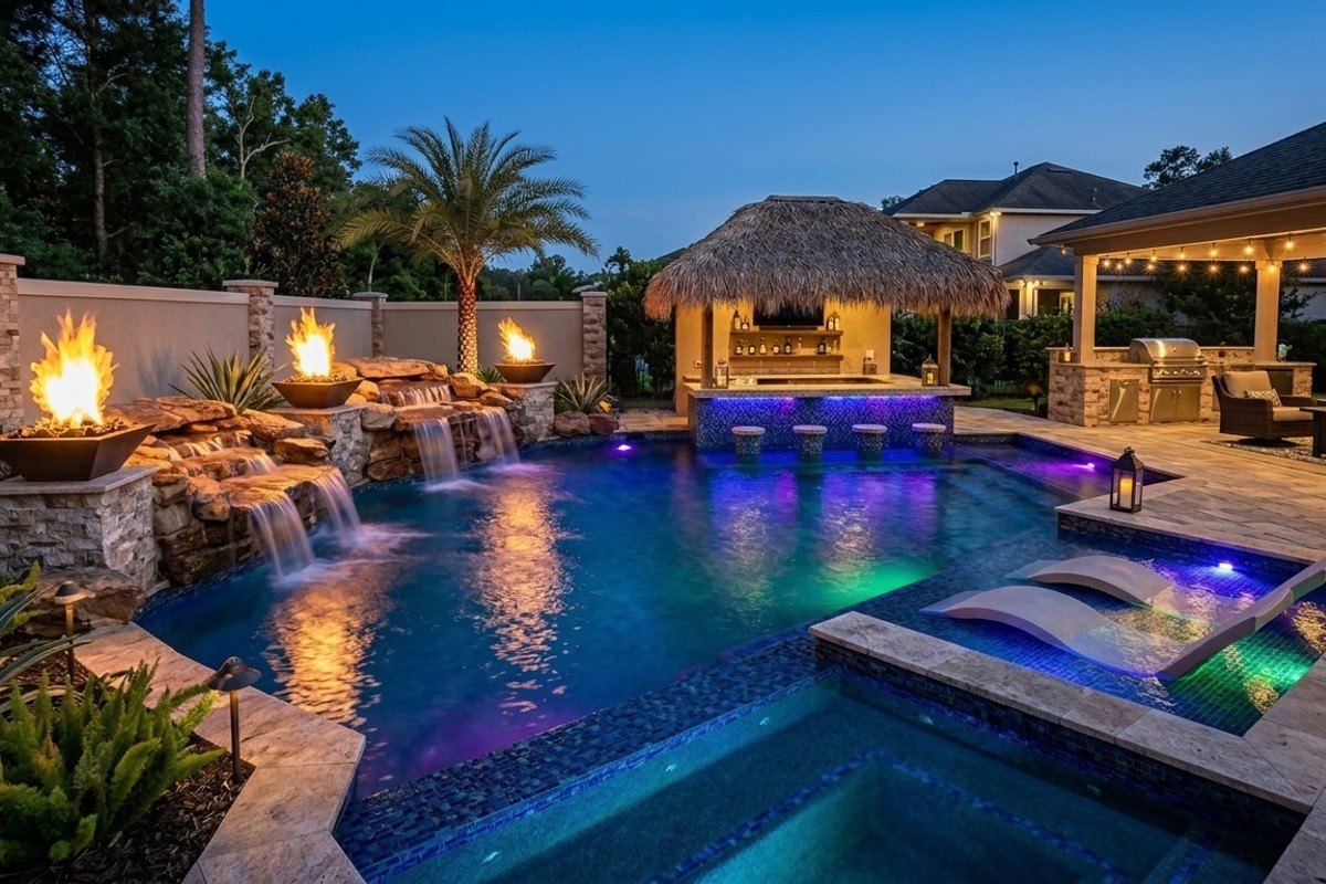 Resort-style pool with swim-up bar, cascading waterfalls, dramatic fire bowls, and LED lighting.