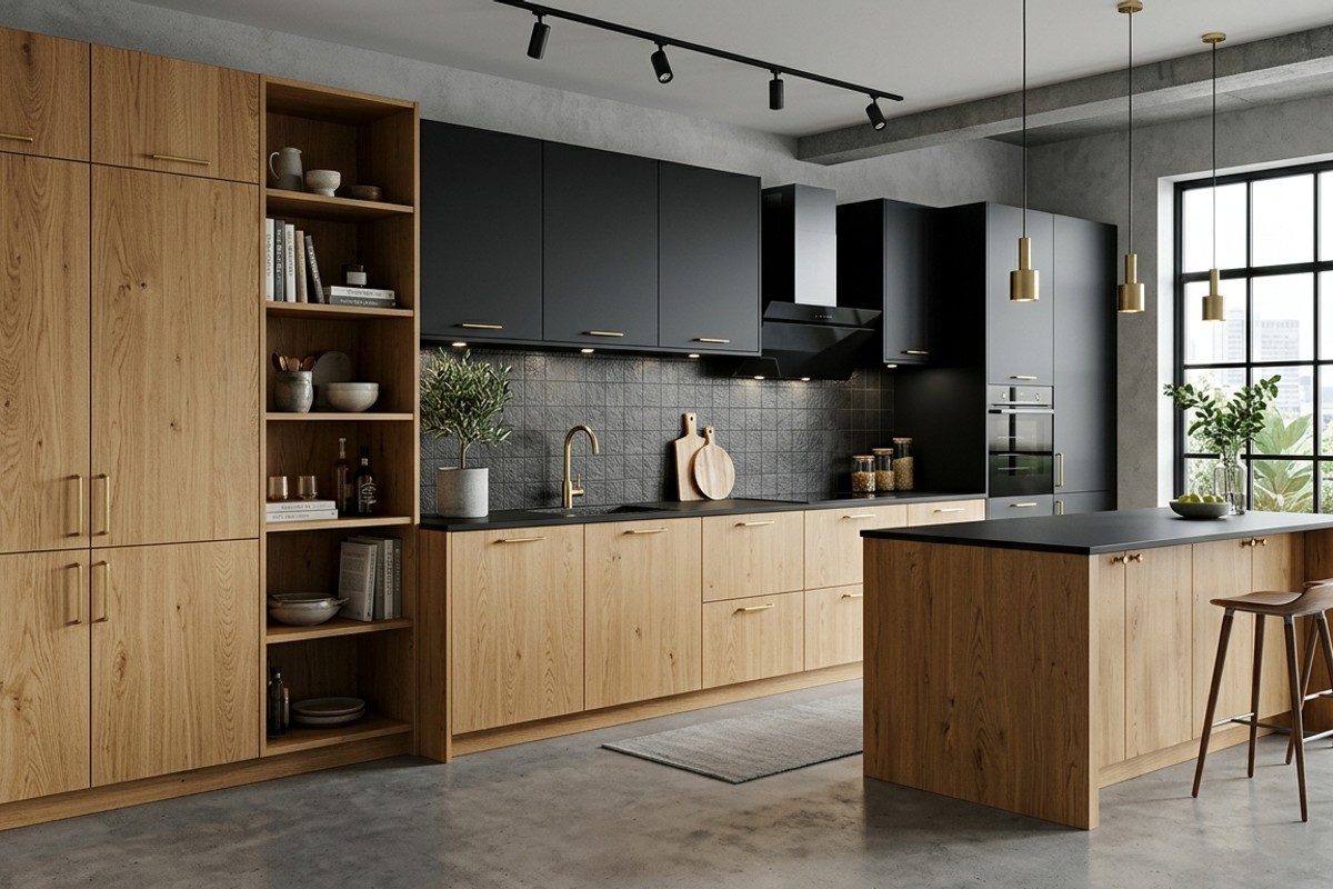 Modern kitchen with matte black upper cabinets and natural oak lower cabinets and pantry.