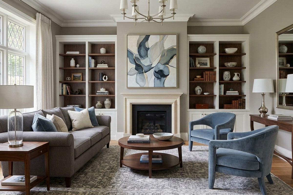 Elegant transitional living room with velvet sofa, curved accent chairs, abstract art, and built-in shelves.