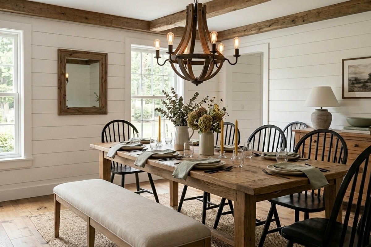 Modern farmhouse dining room with solid wood table, Windsor chairs, shiplap walls, and rustic distressed wood chandelier.