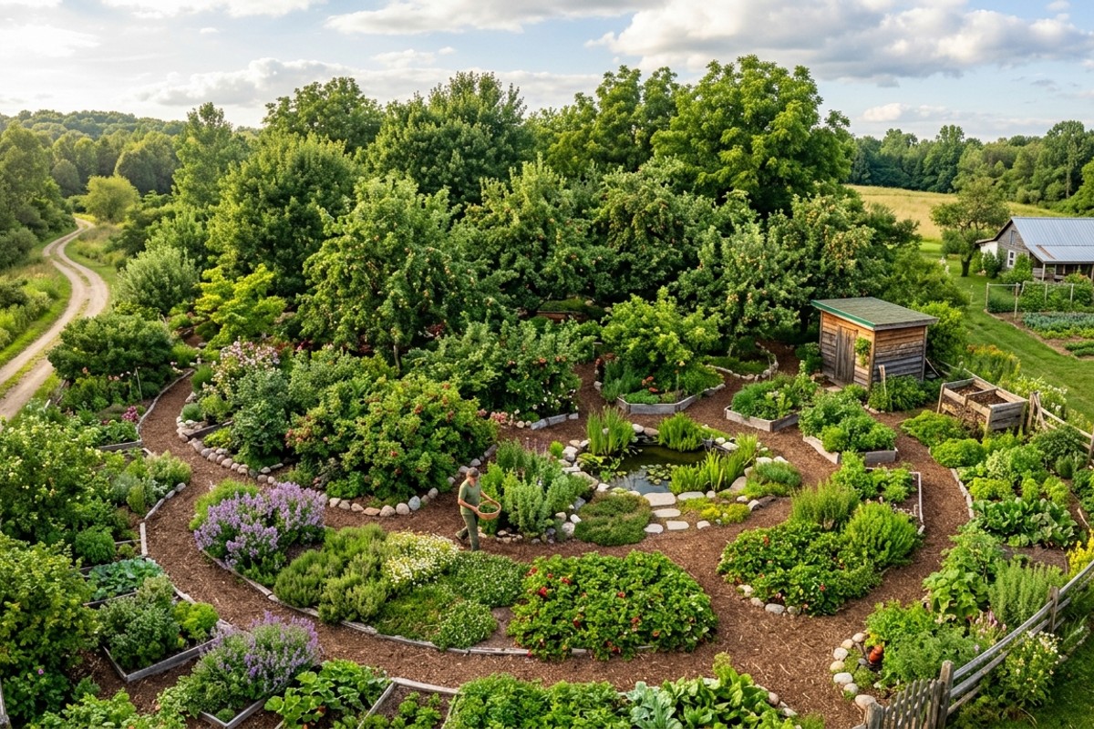 Multi-tiered edible forest garden with fruit trees, berry bushes, herbs, and groundcovers like strawberries.