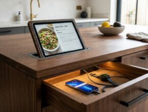 Kitchen with hidden charging drawer or discreet USB outlets within cabinetry, or a recessed tablet holder.