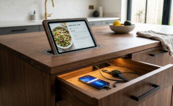 Kitchen with hidden charging drawer or discreet USB outlets within cabinetry, or a recessed tablet holder.
