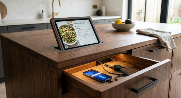 Kitchen with hidden charging drawer or discreet USB outlets within cabinetry, or a recessed tablet holder.