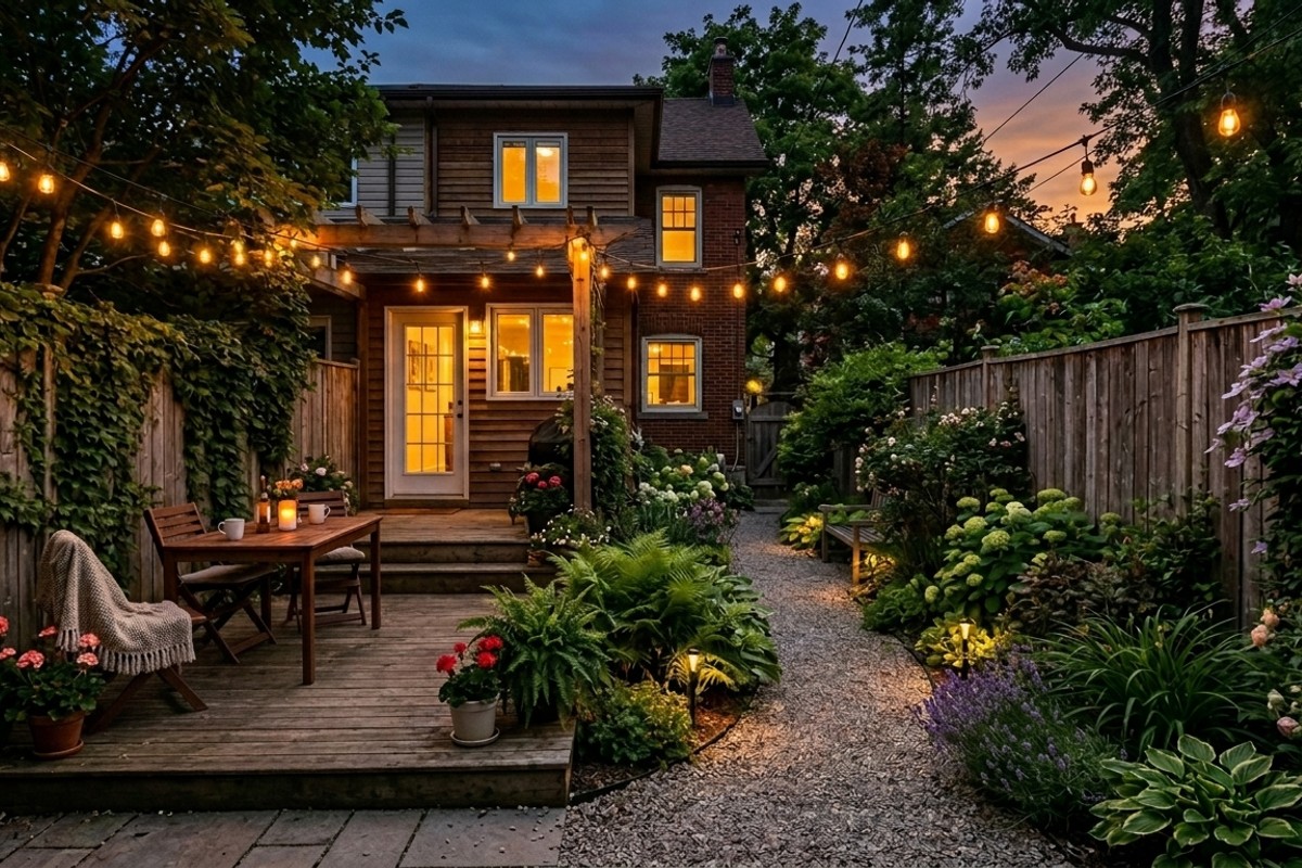 Small backyard at dusk with warm LED bistro lights overhead