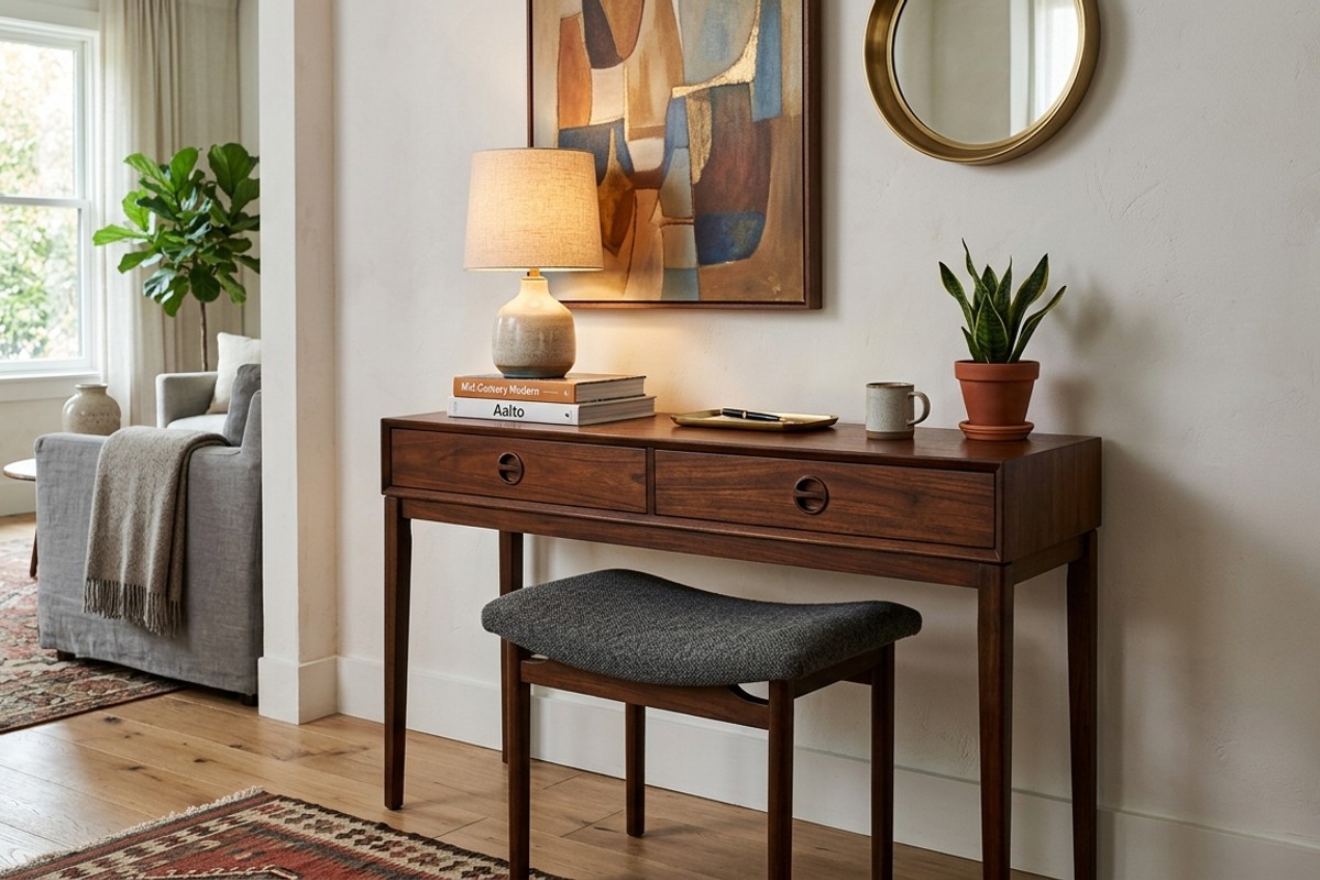 Mid-century modern dark teak console table serving as a workspace with an upholstered stool.