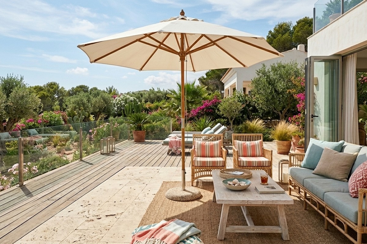 Coastal breeze patio with light decking, rattan furniture, blue cushions, and a market umbrella