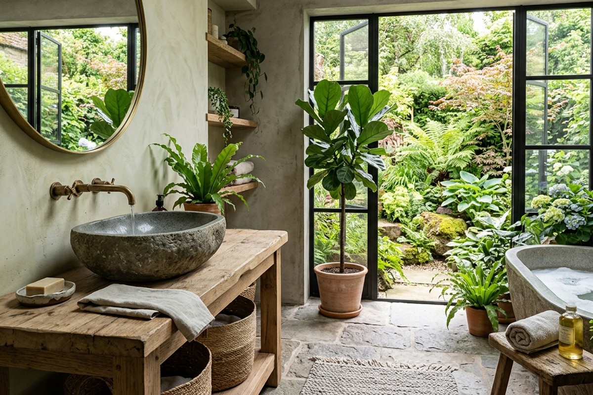 Natural elements bathroom with concrete vessel sink and garden view