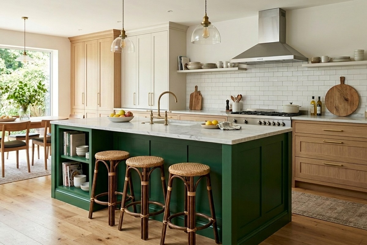 Bold color-blocked kitchen island painted in deep forest green, contrasting with neutral surrounding cabinetry.