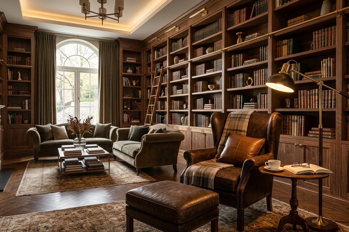 Sophisticated living room with warm walnut floor-to-ceiling bookshelves and a comfortable leather wingback reading chair