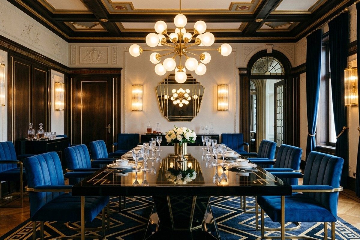 Art Deco dining room with black lacquer table, jewel-toned velvet chairs, fluted sconces, and Sputnik chandelier.