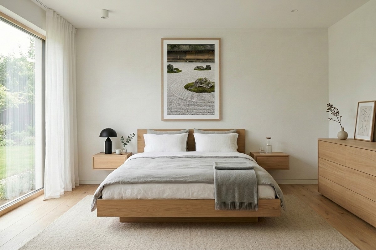 Minimalist bedroom with platform bed, sleek dresser, and clear, uncluttered surfaces.