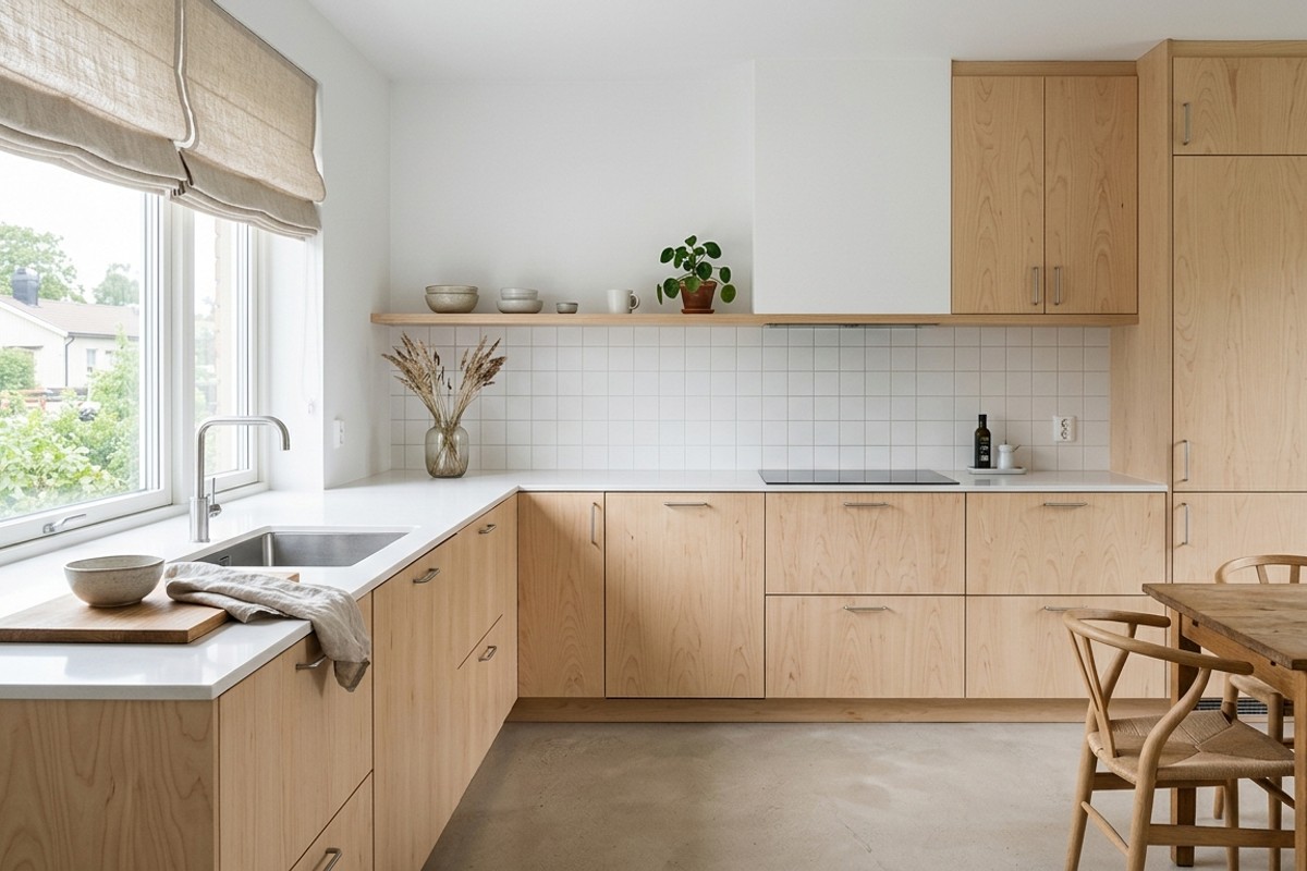 Minimalist Scandinavian kitchen with light wood cabinets, white walls, and linen blinds