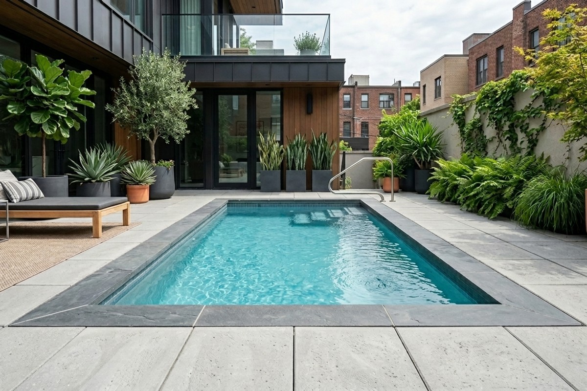 Modern plunge pool with a small footprint, integrated into a minimalist urban patio for refreshing dips.
