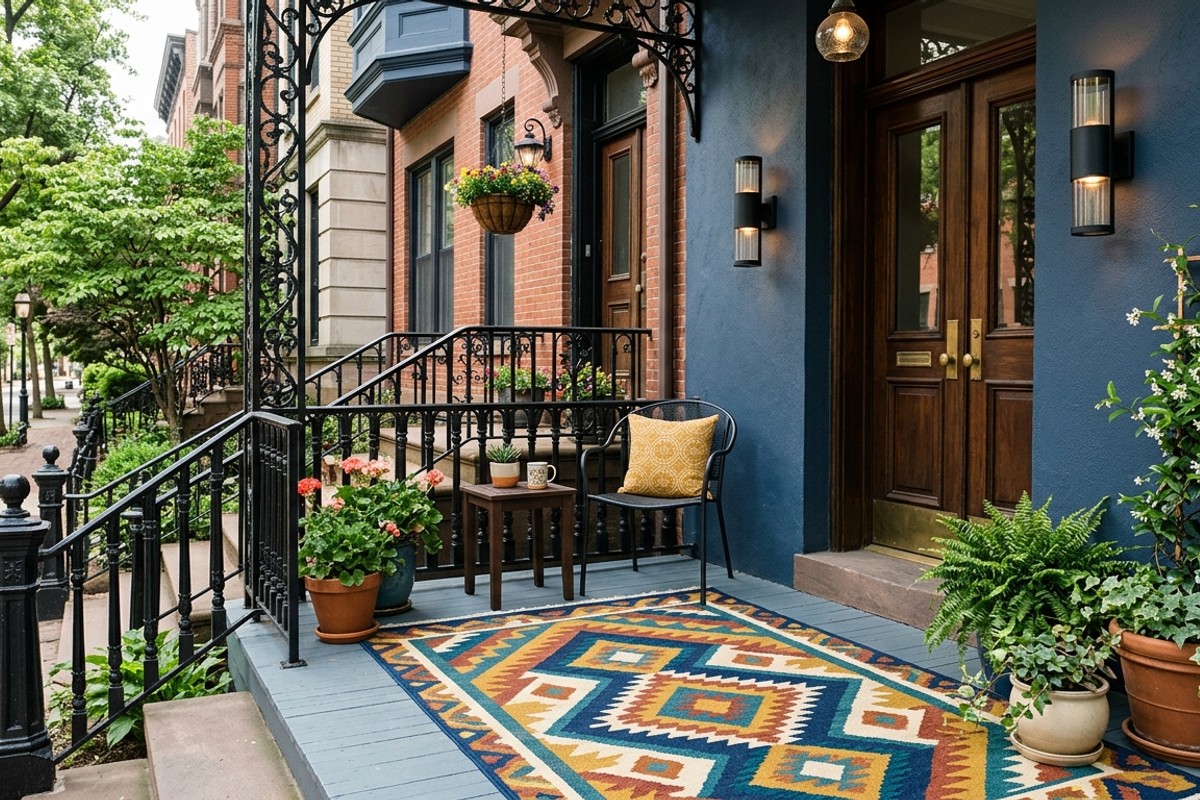 Compact urban front porch with a vibrant patterned outdoor rug and sleek wall-mounted sconces.