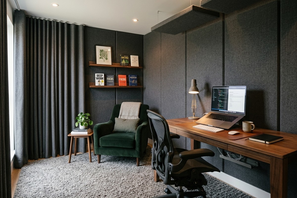 Sound-proof home office with charcoal acoustic panels, heavy curtains, thick rug, and velvet chair for a quiet workspace.