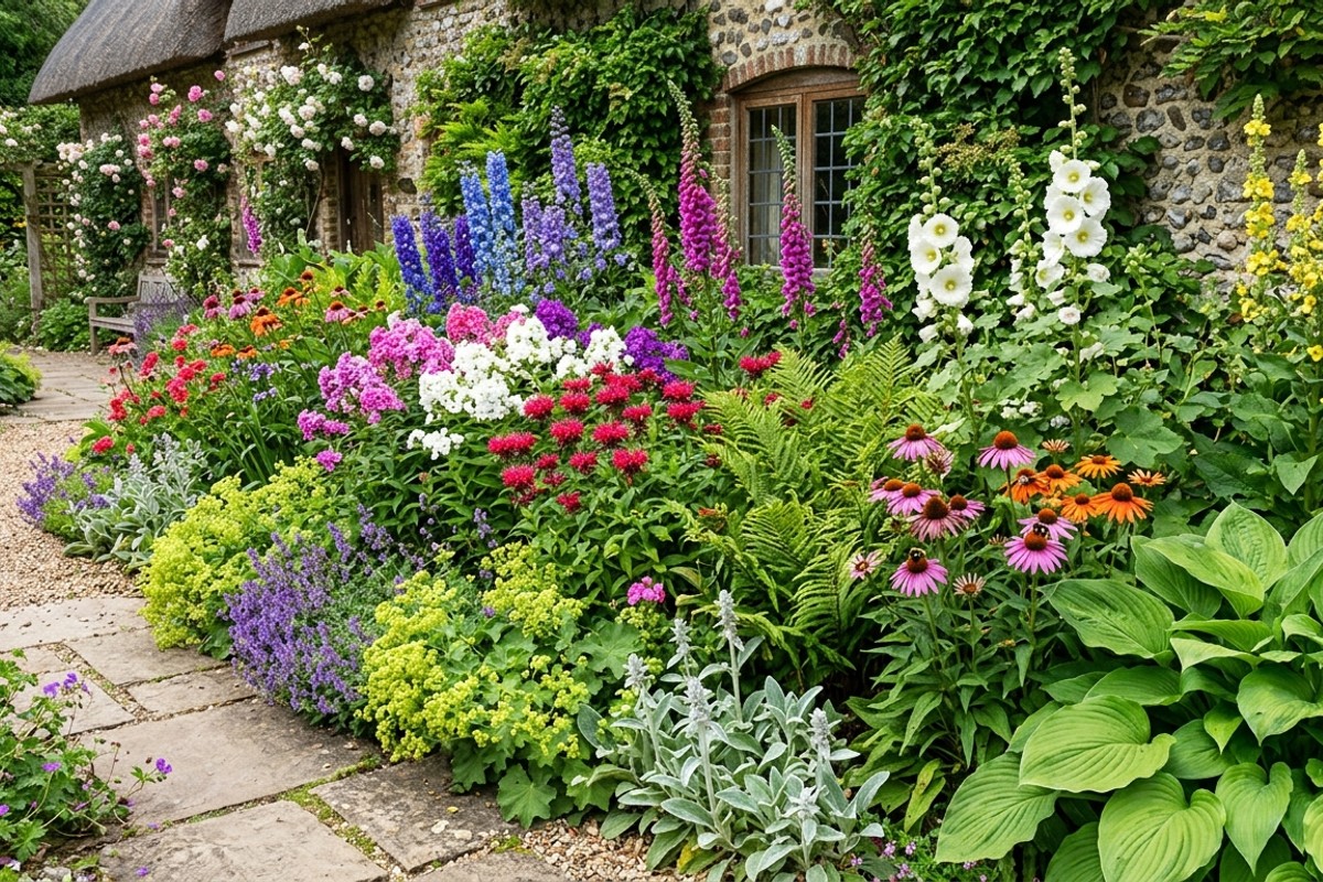 Herbaceous border in a cottage garden with layered perennials, ferns, hostas, phlox, and coneflowers.