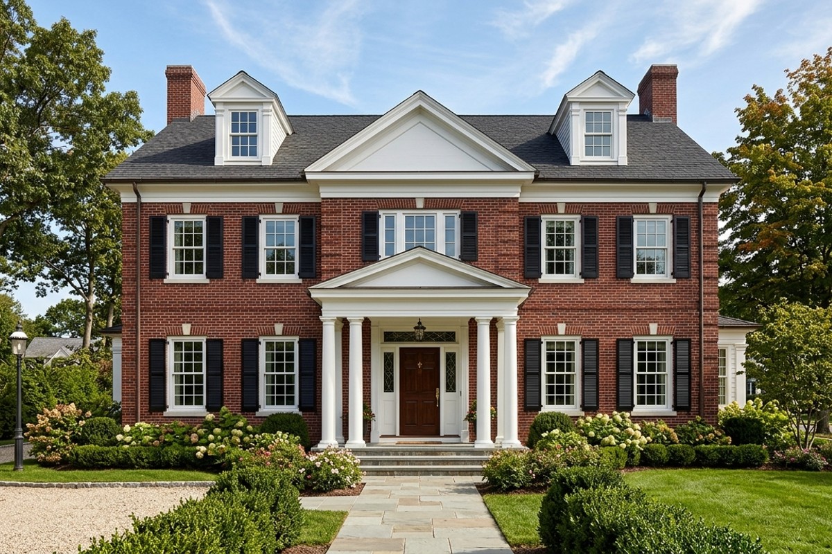 Classic Colonial Revival facade with red brick, white trim, columns, and dormer windows.