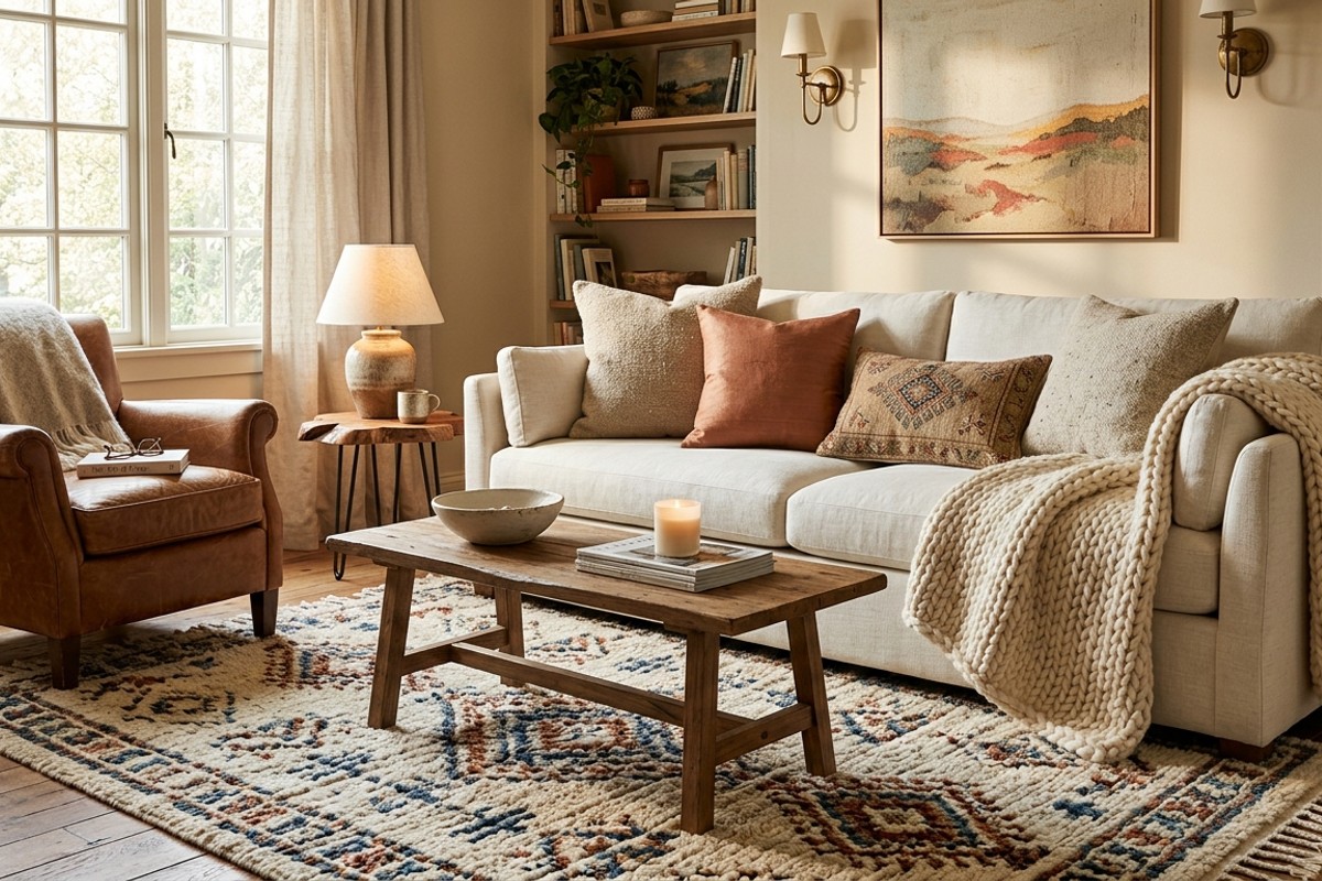 Sofa draped with a chunky knit merino throw, raw silk and nubby linen pillows, over a hand-knotted wool rug, emphasizing layered textures.