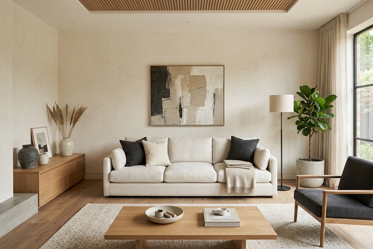 Minimalist living room with neutral palette, linen upholstery, ceramic vases, and natural light.
