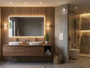 Modern bathroom with energy-efficient LED lighting and dimmer switches
