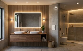 Modern bathroom with energy-efficient LED lighting and dimmer switches