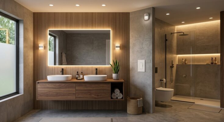 Modern bathroom with energy-efficient LED lighting and dimmer switches