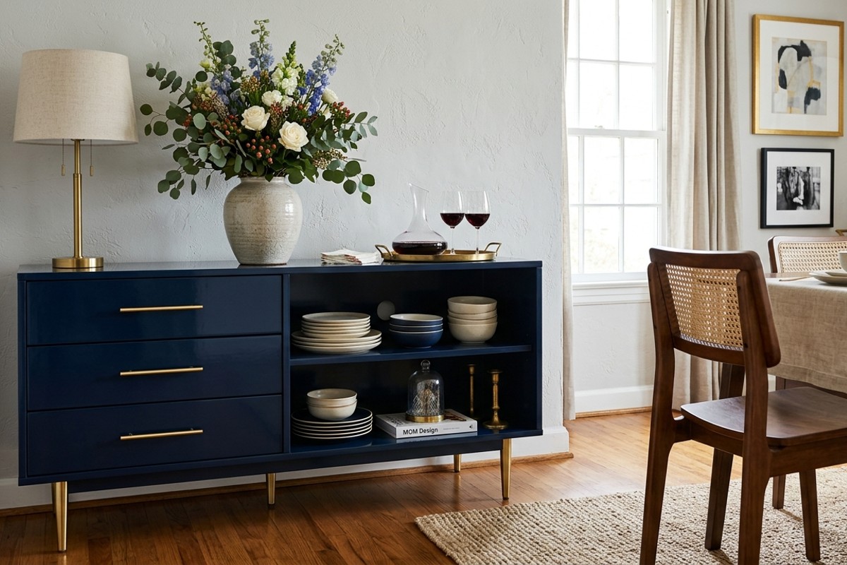 Mid-century modern credenza with lacquer finish, offering drawers, open shelving, and acting as a serving station.