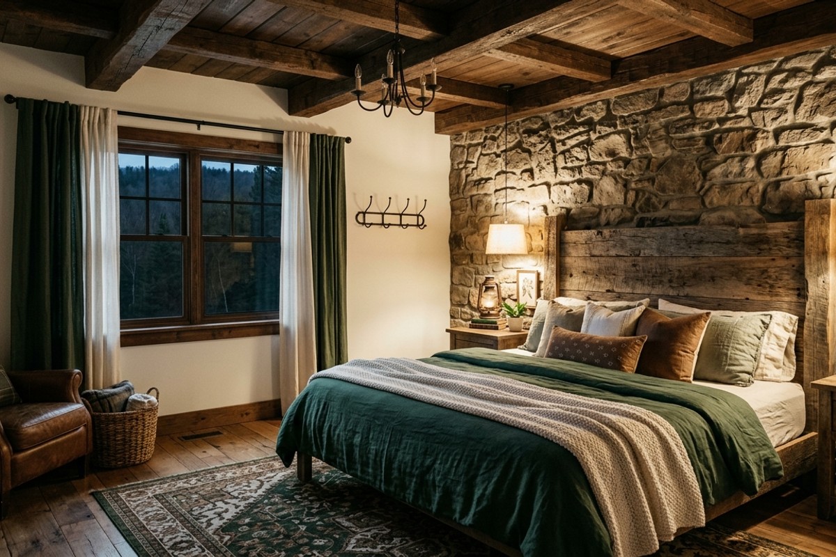 Rustic Charm bedroom with reclaimed wood headboard, exposed beams, stone wall, and earthy colors.