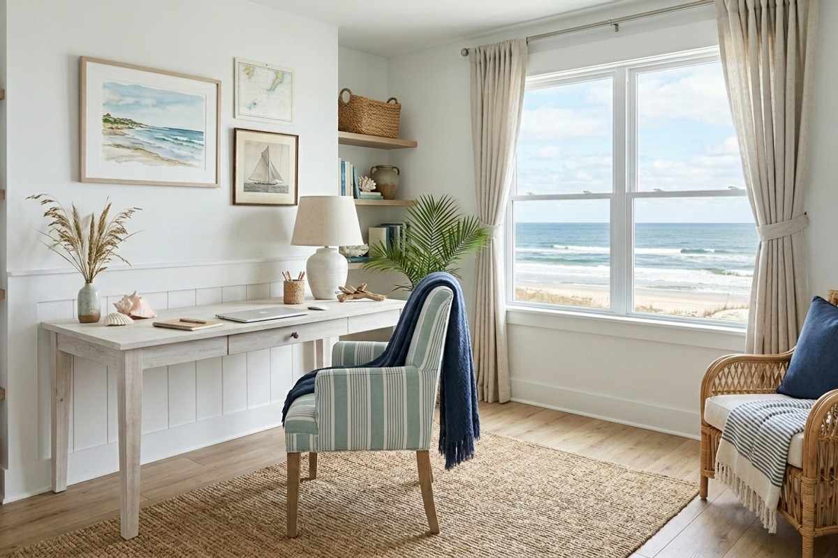 Coastal retreat home office with whitewashed desk, linen chair, seafoam green accents, and nautical decor