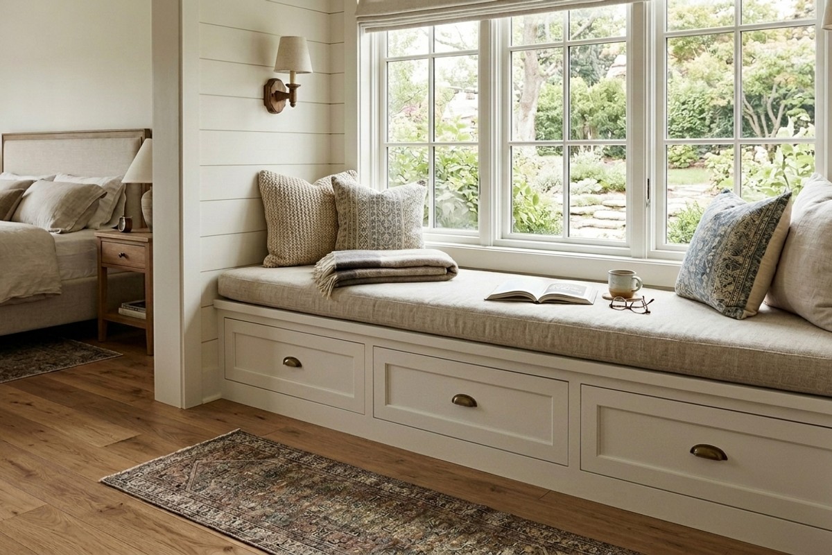 Window bench with textured linen cushion and hidden deep drawers for storage