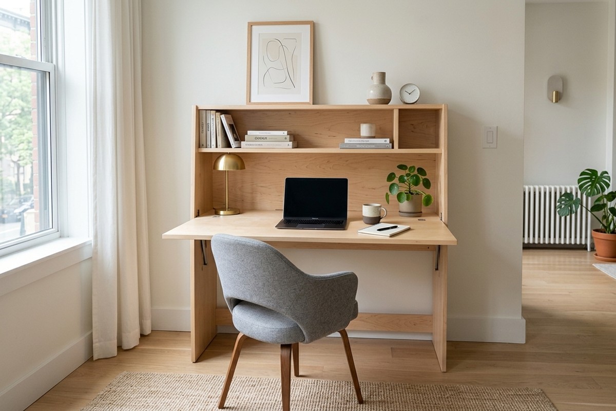Multi-functional natural birch console table extending into a modern desk in a minimalist room.