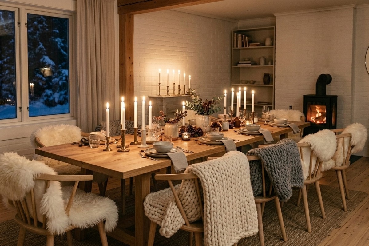 Scandinavian dining room with sheepskin throws, knit blankets, and warm candlelight for Hygge.