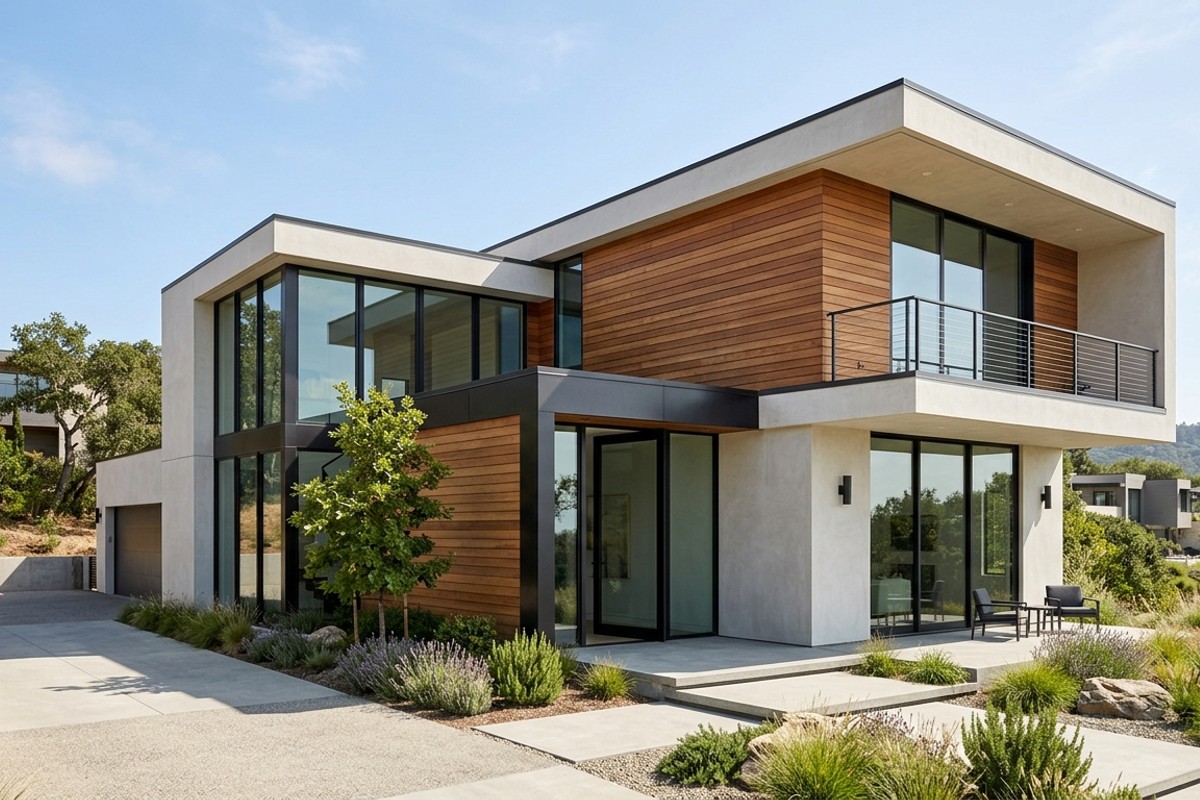 Contemporary minimalist home facade with smooth concrete, cedar cladding, large glass windows, and a flat roof, emphasizing clean lines and functionality.