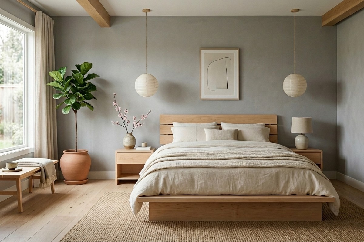 Japandi serene bedroom with natural maple wood, muted gray, low-profile furniture, and textured ceramics.